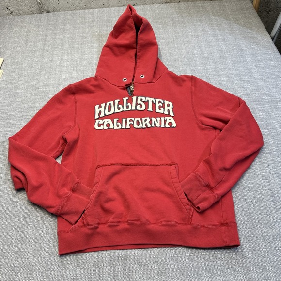 Y2K Hollister Red California Hoodie Medium‎ Distressed Neck Fleece Lined - Picture 1 of 11